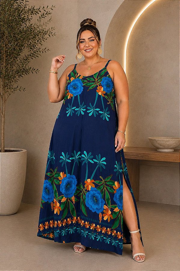 Vestido Longo Pé na Areia de Viscolinho Plus Size