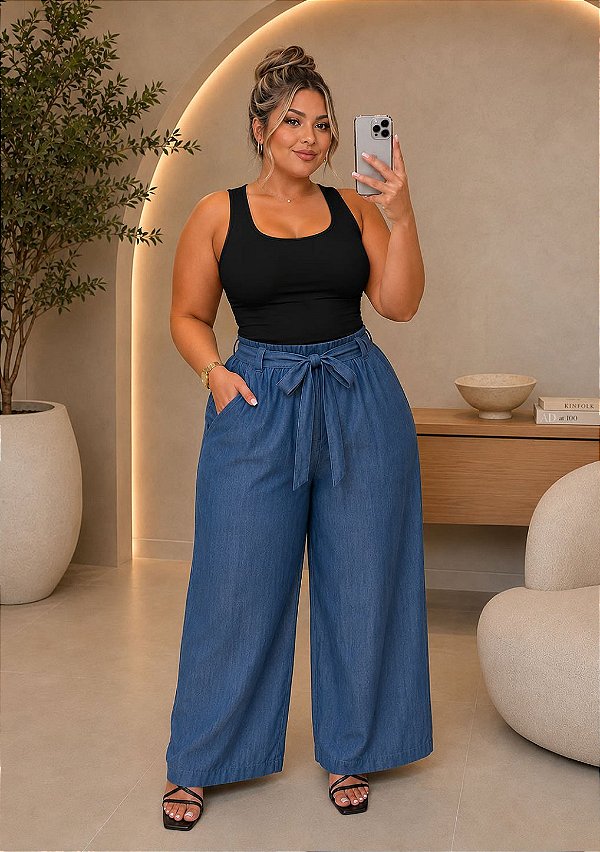 Calça Pantalona Chambray Jeans Tencel com Faixa Plus SIze