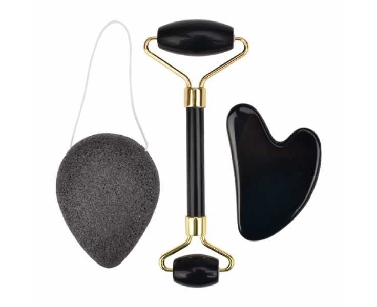 Rolo Massageador De Pedra Obsidiana Negra + Guasha Coração + Esponja Konjac - Smart GR