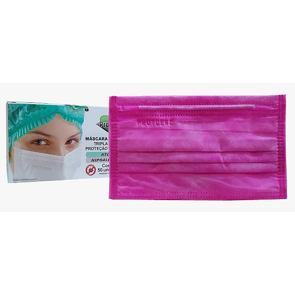 Máscara Cirúrgica Descartável Tripla com Elástico Rosa Pink c/50 Protdesc