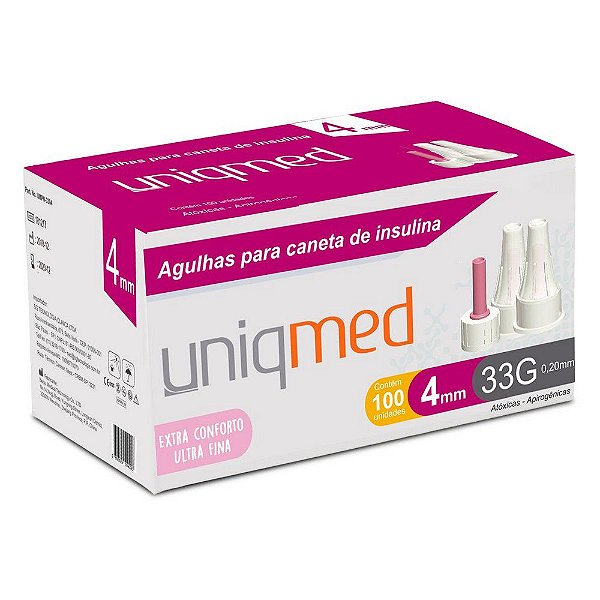 Agulha Para Caneta De Insulina 4mm 33G 0,20mm Ultra Fina C/ 100 Uniqmed