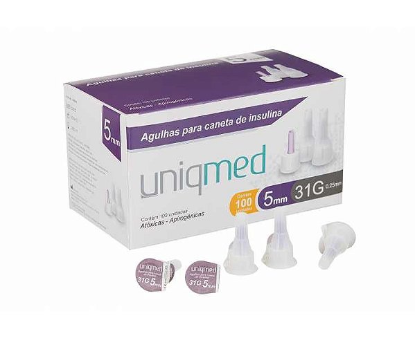 Agulha Para Caneta De Insulina 5mm 31G 0,25mm C/ 100 Uniqmed