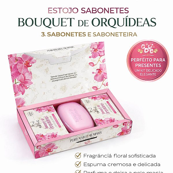Estojo Com 3 Sabonetes Bouquet de Orquídeas + 1 Saboneteira - Alma De Flores