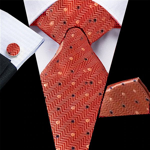 KIT Caixa de Presente, Gravata Tradicional, Lenço e Abotoadura Estampa Vermelha