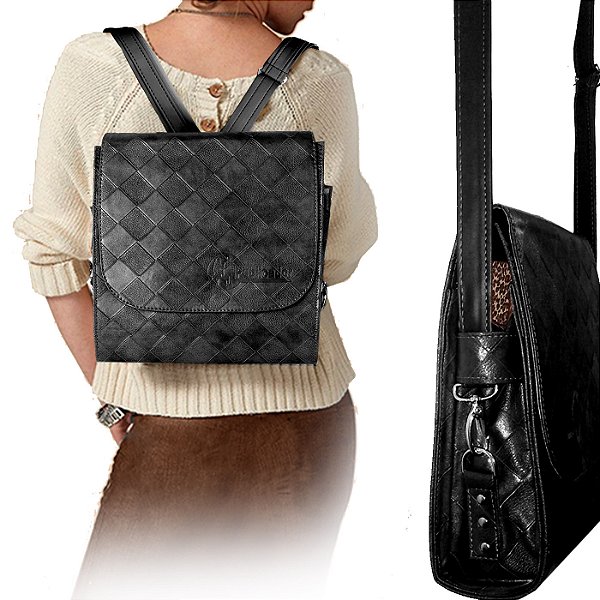 Mochila Carteiro Feminina Conversível Transforma em bolsa Espaço p/água MC-41G Preto Tricê