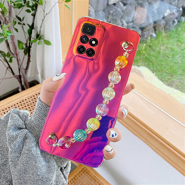 Capa espelhada 3d, cor vermelho fluorescente de néon laser macia para telefone Redmi 10 com alça de mão.