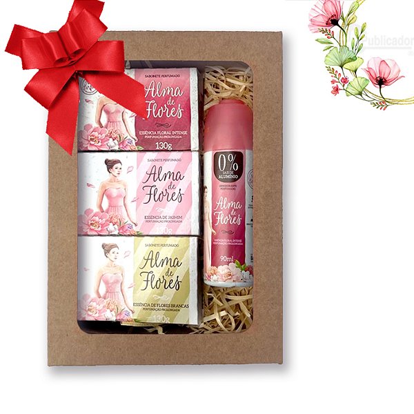 Kit 1 Presente Alma de Flores Essências Femininas Sabonetes + Desodorante Intense + caixa