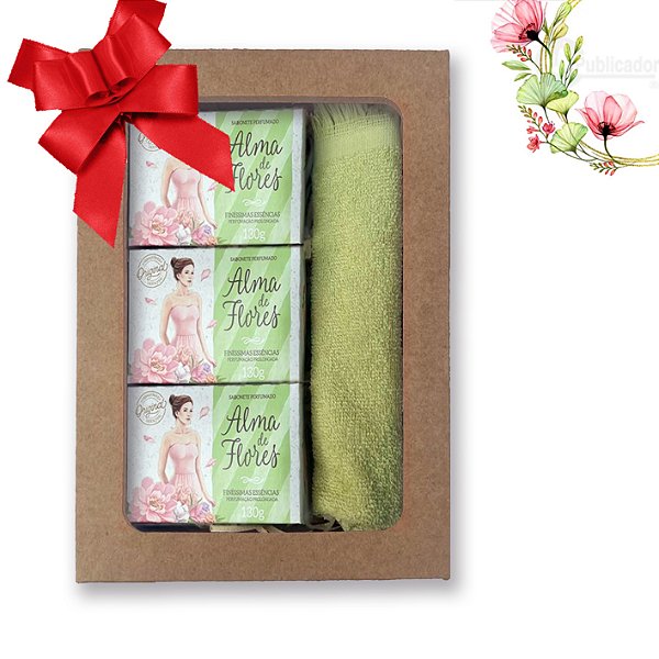 Kit 10 Presente Feminino Alma de Flores Clássico 3 Sabonetes + Toalha de Lavabo + Caixa