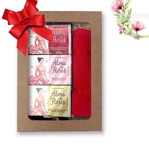Kit 2 Presente Feminino Alma de Flores 3 Sabonetes Perfumados Sortidos + Toalha de Lavabo