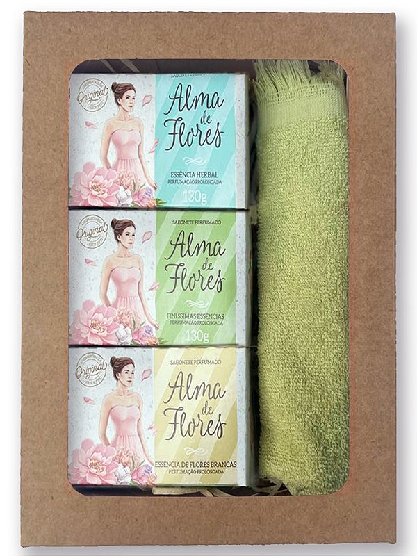Kit Presente Alma de Flores Feminino – 3 Sabonetes (Clássico, Herbal e Flores Brancas) + Toalha de Lavabo