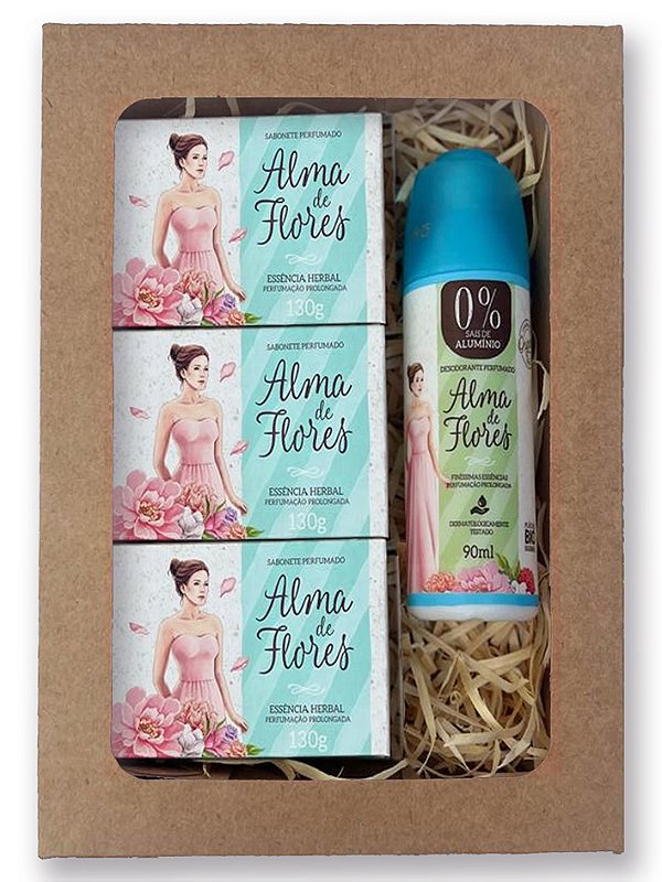 Kit Presente Alma de Flores Herbal – 3 Sabonetes + Desodorante Spray Clássico | Embalagem para Presente
