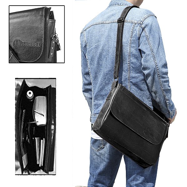 Bolsa Masculina Carteiro Grande Executiva em Couro Sintético Preta