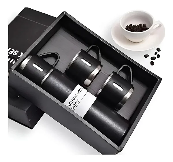 Garrafa Térmica Vacuum Flask Set Inox 500ml + Kit 3 Xícaras - Bebidas quentes ou frias sempre à mão Preto,