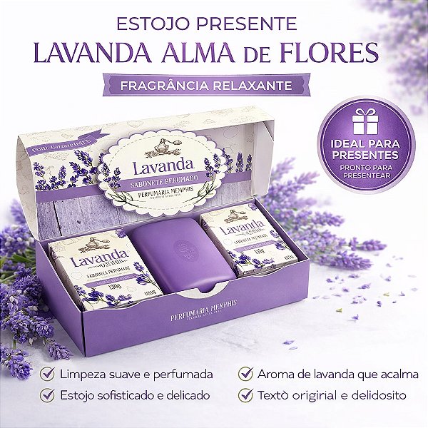 Estojo Presente Lavanda Alma de Flores – 3 Sabonetes + 1 Saboneteira