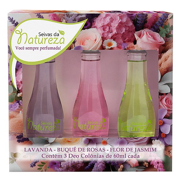 Kit 3 Deo Colônias Seivas da Natureza 60ml – Algodão, Macadâmia e Frutas Vermelhas | Feminino | Presente