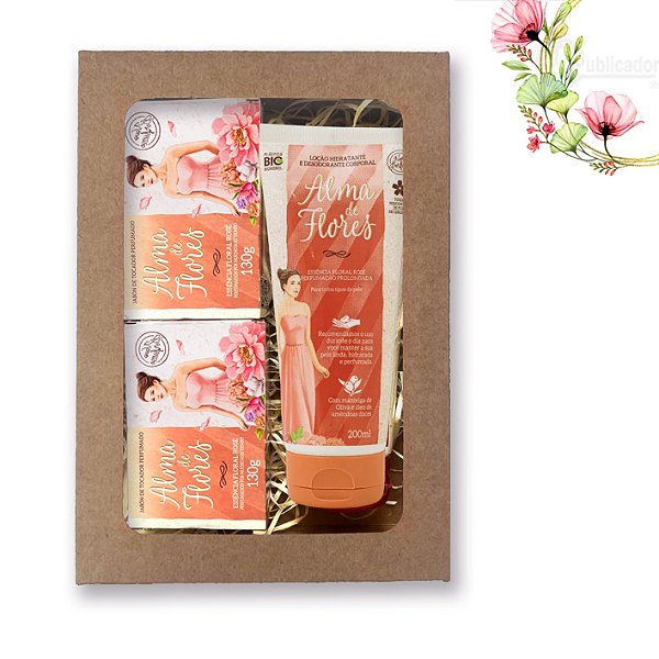 Kit Alma de Flores Rose com 2 Sabonetes + Loção Hidratante Corporal p/ Presente
