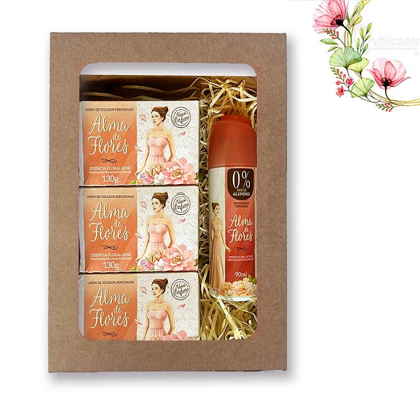 Kit Presente Feminino Alma de Flores Rose – 3 Sabonetes 130g + Desodorante 90ml