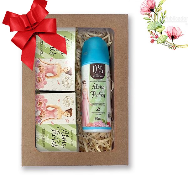 Kit 33 Presente Feminino Alma de Flores Classico 2 Sabonetes + Desodorante Spray e Caixa