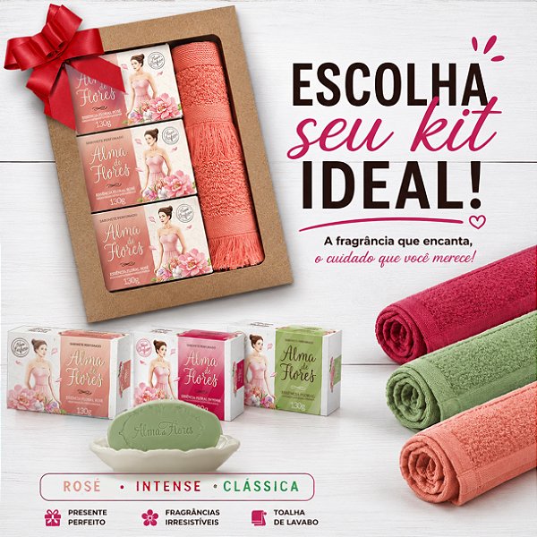 Kit Presente Alma de Flores - 3 Sabonetes + Toalha de Lavabo | Presente para Mães e Namorada