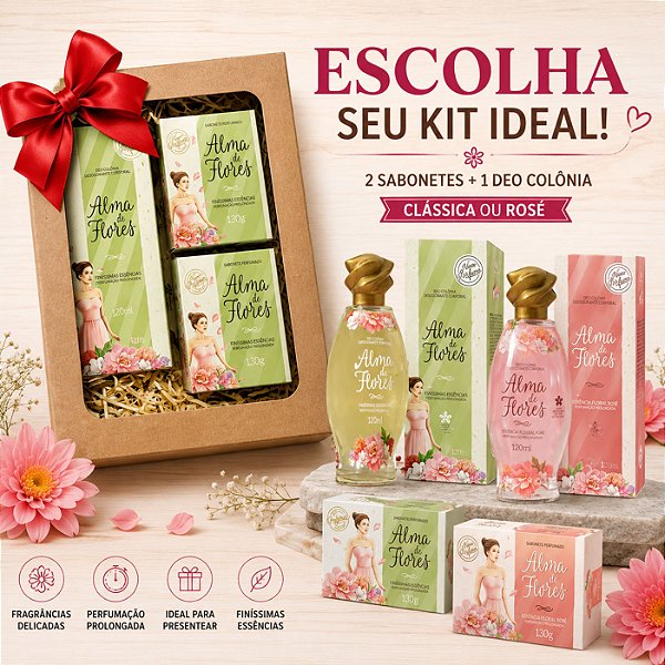 Kit Presente Alma de Flores Feminino 2 Sabonetes + Deo Colônia 120ml | Clássica ou Rosé | Dia das Mães
