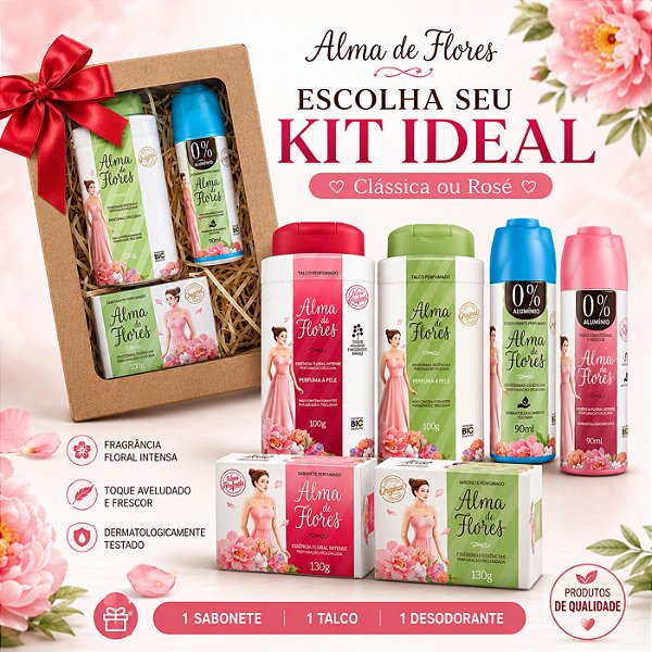 Kit Presente Alma de Flores Feminino 1 Sabonete 130g + Talco 100g + Desodorante 90ml | Clássica ou Intense