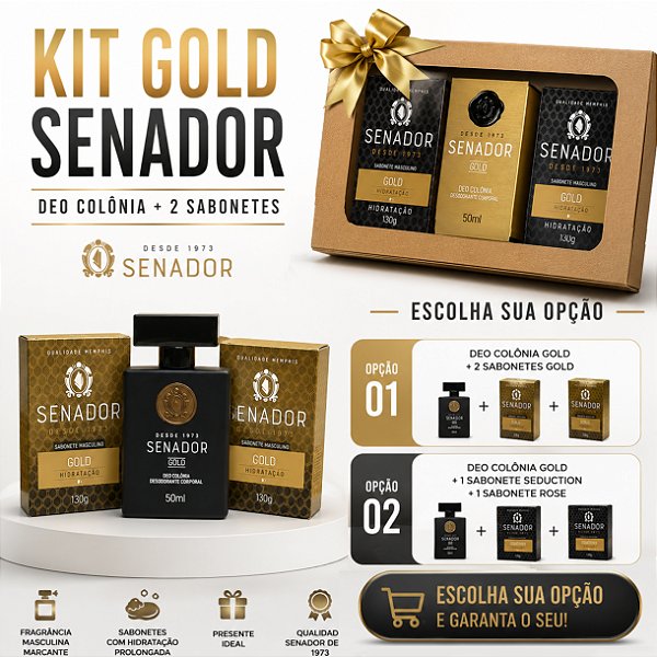 Kit Presente Senador Gold Masculino | Deo Colônia 50ml + 2 Sabonetes 130g | Escolha sua Opção Pais, Namorado
