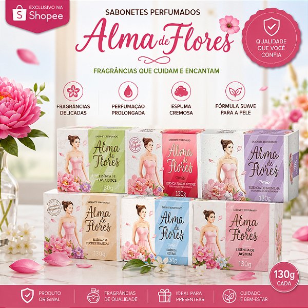 Kit Alma de Flores Sortido com 6 Sabonetes em Barra 130g – Fragrâncias Clássicas Alma de Flores Finíssimas Essências