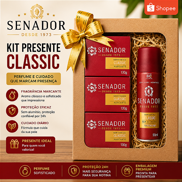Kit Presente Masculino Senador Classico 3 Sabonetes + Desodorante Dia dos namorados, Pais, amigo, namorado