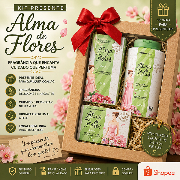 Kit Presente Feminino Alma de Flores Original - Monte - Sabonete +Talco + Deo Colônia, mãe, amiga, namorada