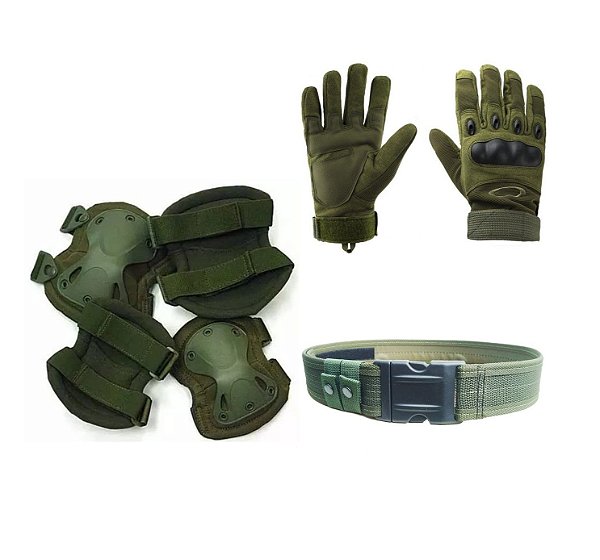 kit Proteção Tática Luva Full Finger+ Joelheira + Cotoveleira + Cinto Tático