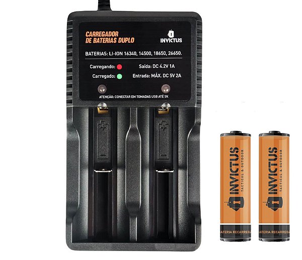 Kit Carregador de Baterias Duplo + Baterias 14500 (AA) Invictus