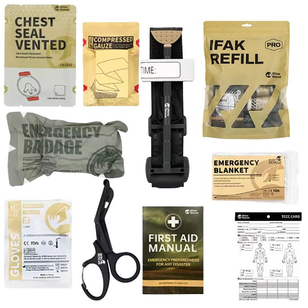 Refil Kit APH Tático Rhino Rescue 7 Itens - Reposição para IFAK e Primeiros Socorros