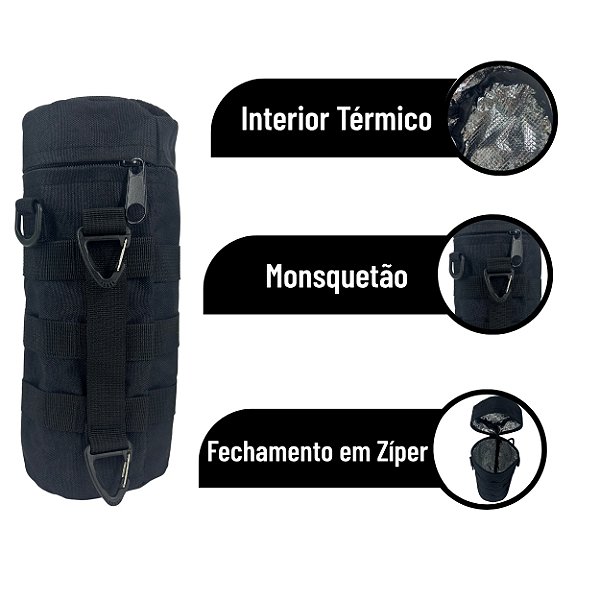 Porta Garrafa Térmico com Sistema MOLLE e Mosquetão – Isolamento, Mobilidade e Praticidade em Missões e Aventuras