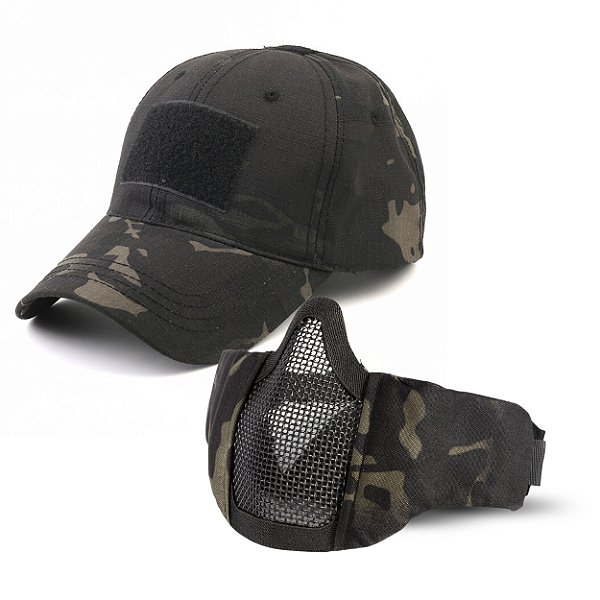 Kit Mascara Meia Face Comfort + Boné Tático Militar Com Velcros - Multicam Black