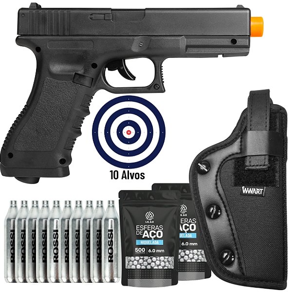 Pistola de Pressão Airgun Co2 GLOCK 17 Rossi 6mm - COMBO FULL