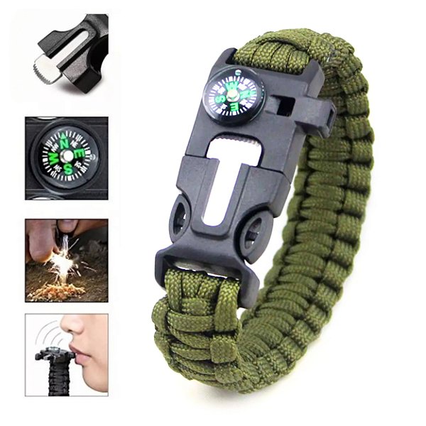 Pulseira de Paracord Verde sobrevivência Bússola Apito e Pederneira