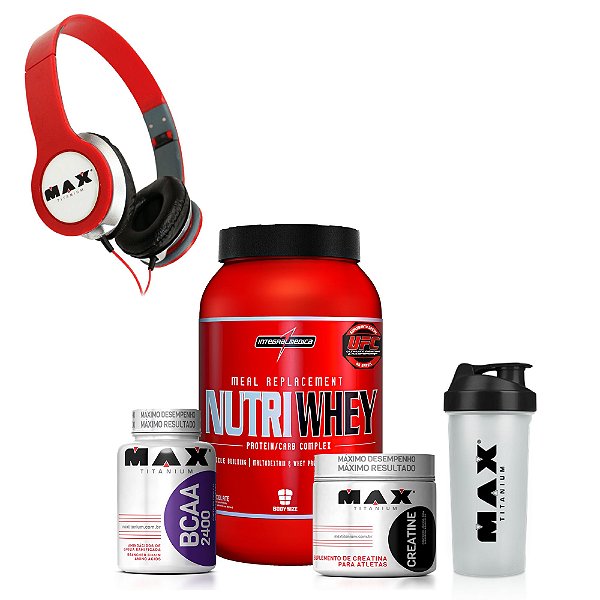 Kit Whey Nut + Bcaa + Creatina + Coq + Fone - Max Titanium