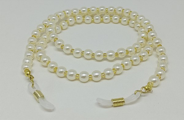 Cordão Pérola Clássico Creme Grande + Miçanga Ouro
