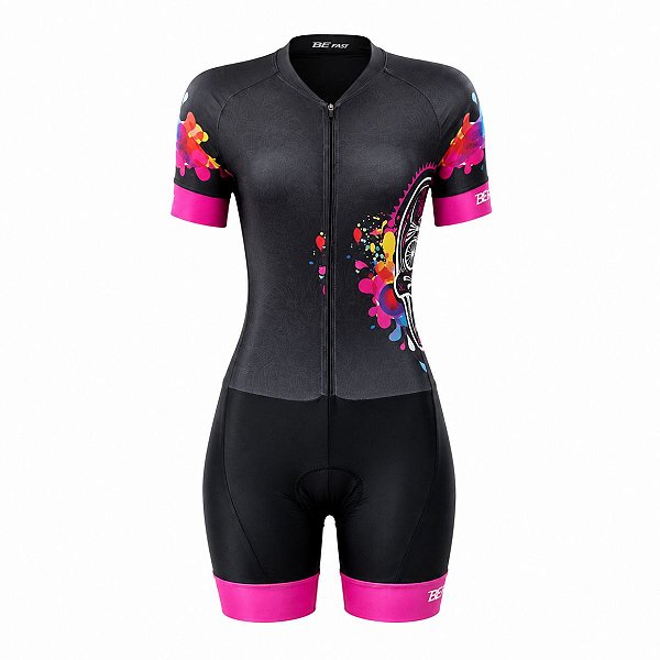 Macaquinho ciclismo feminino Be Fast Caveira Mexicana forro em gel