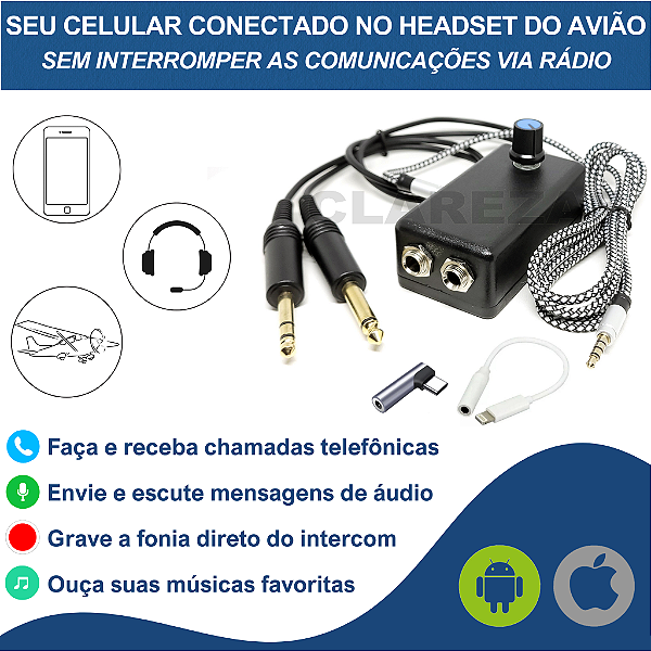 Adaptador de Celular para Headset Aeronáutico Avião