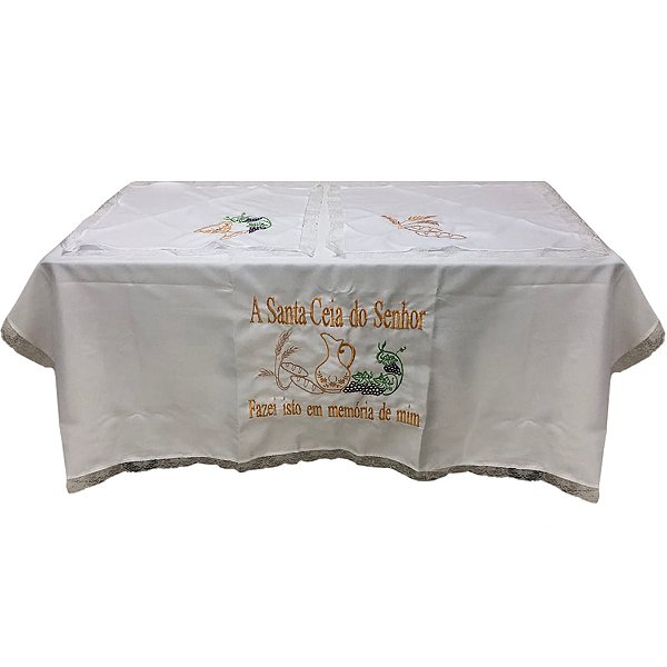 Toalha de Mesa para Santa Ceia -  2,0m - Bordada (3 Peças) - Renda Branca