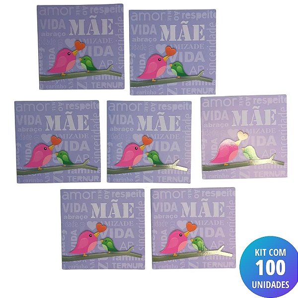 Kit 100 Unidades Cartão Mãe - Lilás Passarinhos