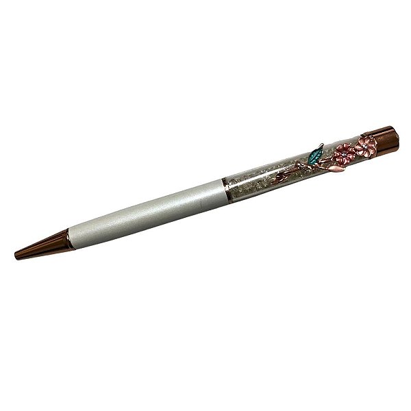 Caneta Metal Strass Com Flor - Personalizada com Nome - Branco