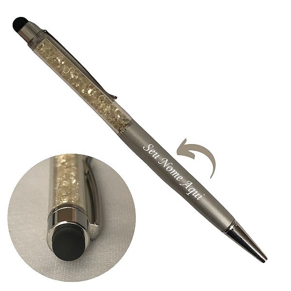 Caneta Metal Strass - Personalizada com Touch - Prata