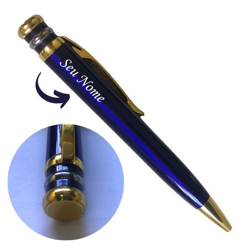 Caneta Metal Executiva Personalizada com Nome - Azul com Dourado e Prata