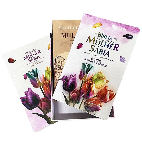 Box Bíblia de Estudo da Mulher Sábia RC + Livro Mulheres da Bíblia - C/Harpa Avivada e Corinhos - Capa Luxo - Tulipas Aquarela - CPP