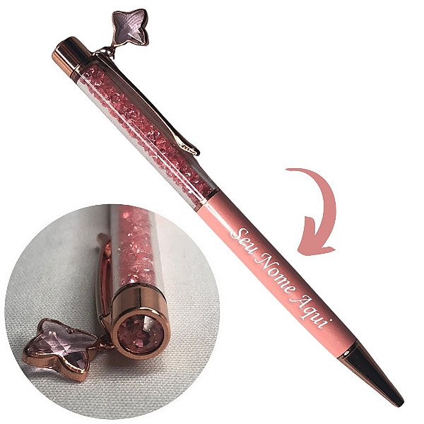 Caneta Metal com Pingente Rosa - Personalizada