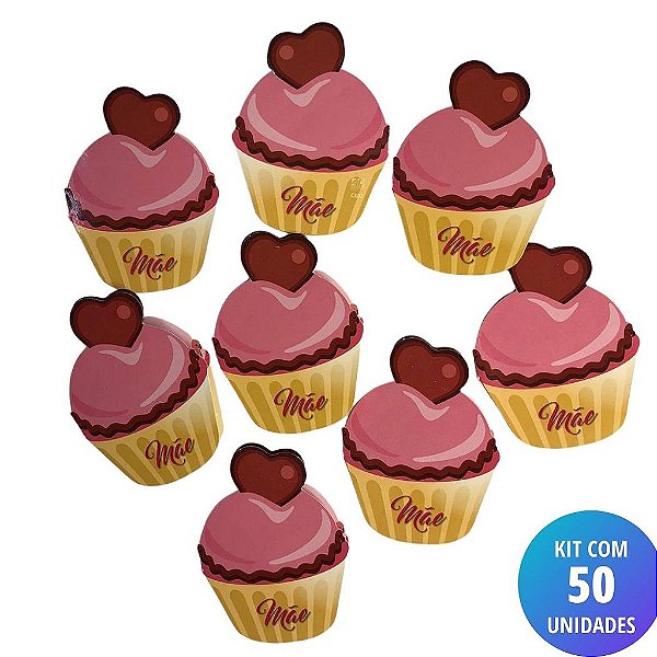 Kit 50 Unidades Cartão Mãe - Cupcake Coração  - Kit 50 Unidades Cartão Mãe - Cupcake Coração