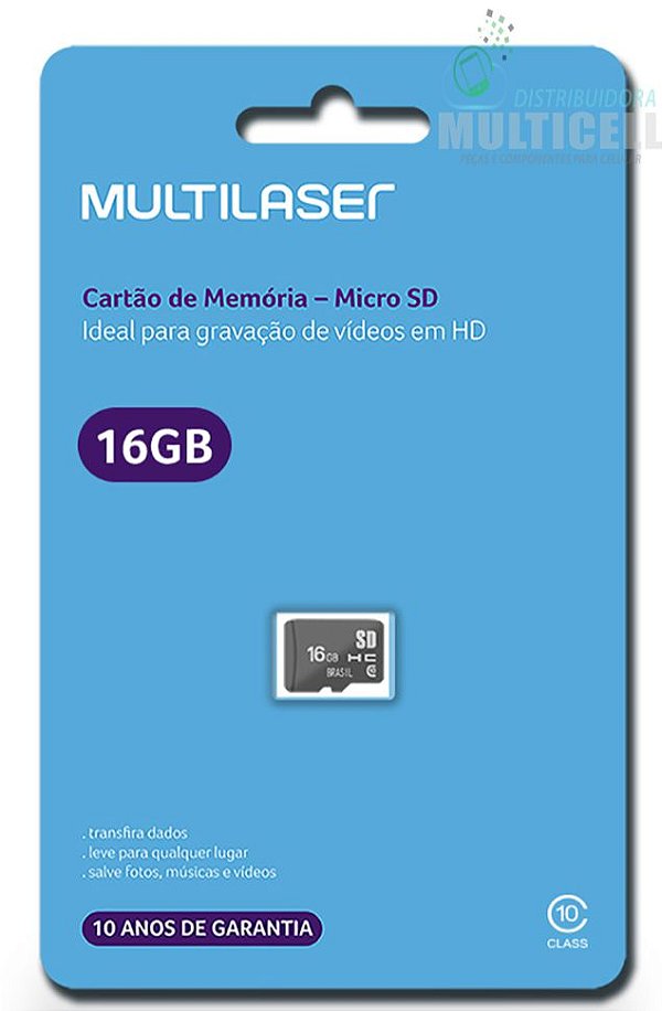 CARTĀO DE MEMÓRIA MICRO SD MULTILASER 16GB CLASSE 10 ORIGINAL
