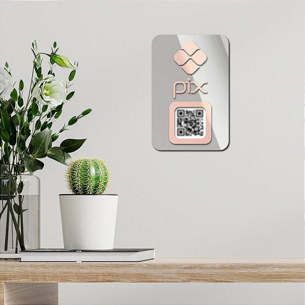 Placa PIX Espelhada de Acrílico Prata e Rose - Sem o QR Code